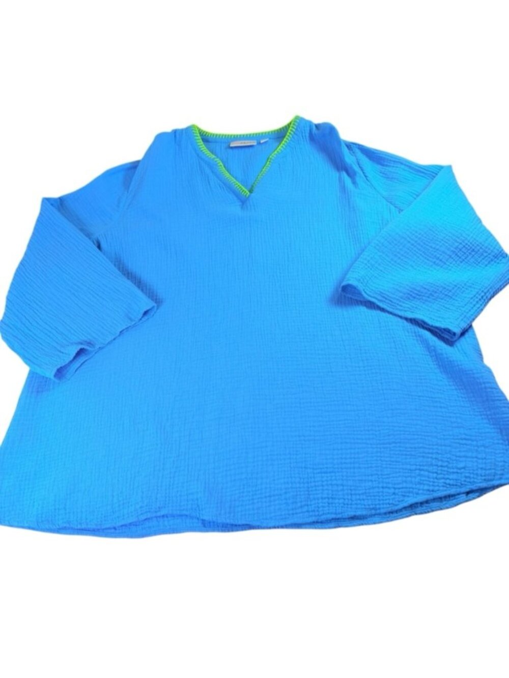 Blue Gauze Tunic Top Neon Stitch Trim XL Boho 100%Cotton - Picture 6 of 6
